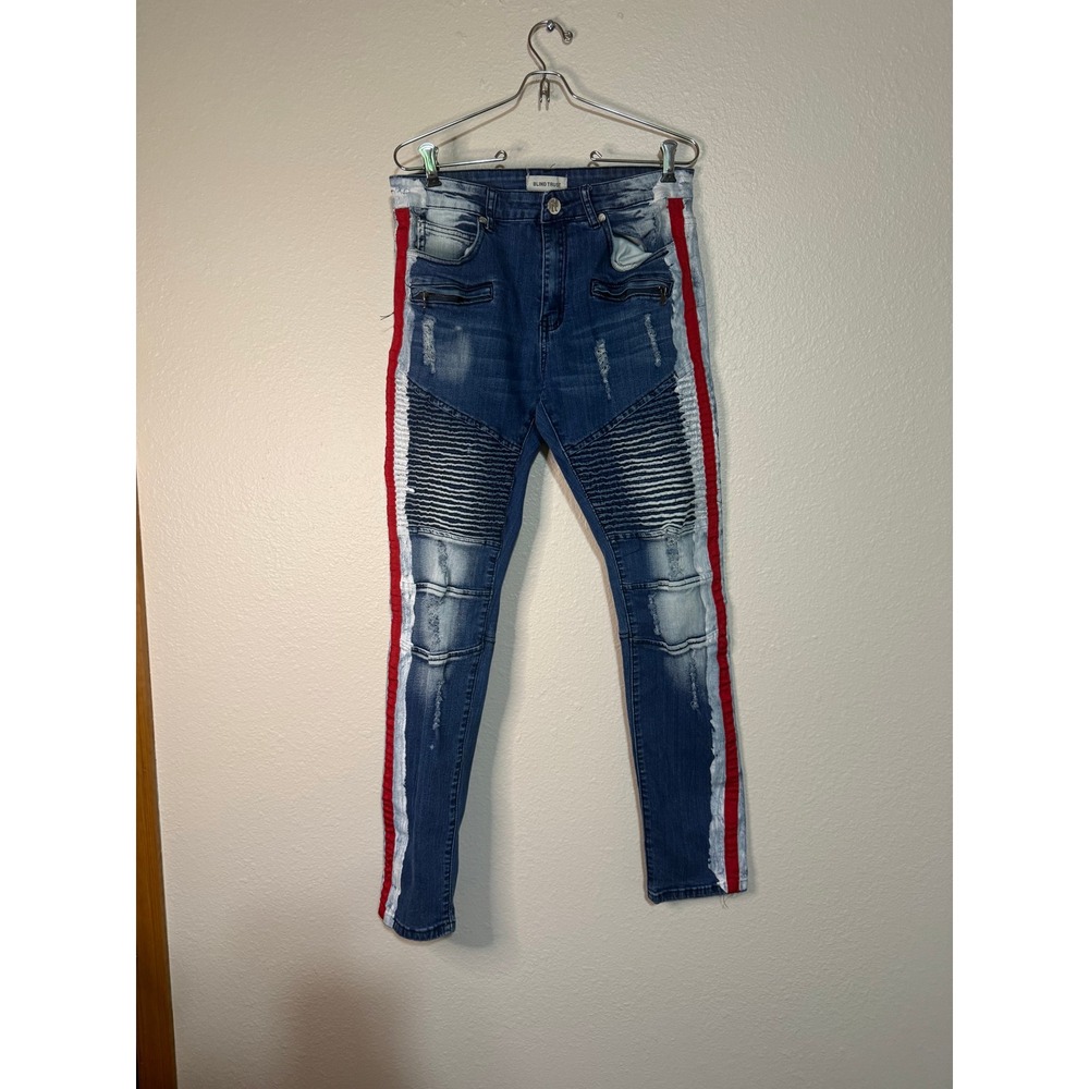 Blind Trust Mens Moto Skinny Jeans Blue Distressed Red White Side Stripe‎ 32x32